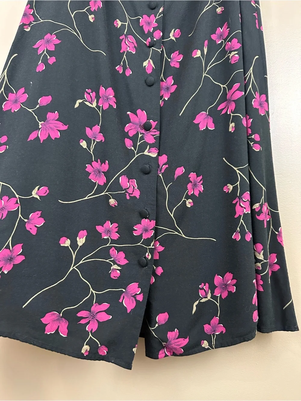Vintage 90s Black Dark Floral Rayon Button Front Midi Skirt Petite M Whimsigoth